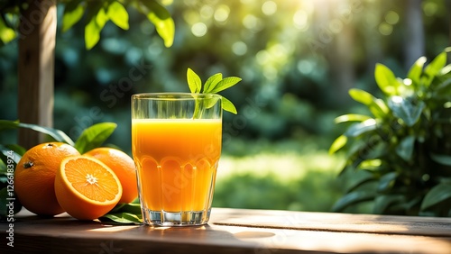 Glass of fresh orange juice with oranges and green leaves on a wooden table outdoors in sunlight.