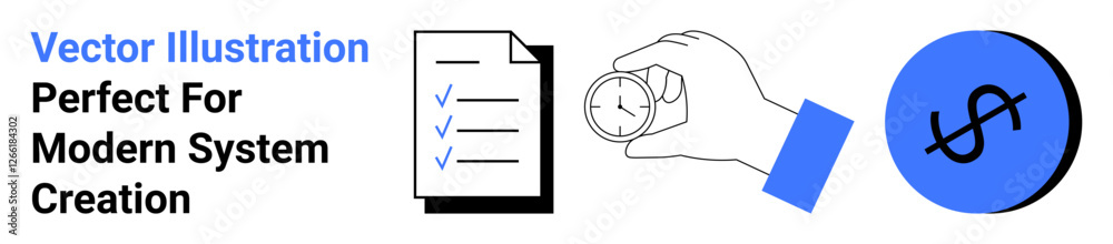 Checklist on paper, hand holding stopwatch, dollar sign circle symbolizing organization, productivity, time, efficiency, money, business. Ideal for project planning scheduling process improvement Checklist on paper, hand holding stopwatch, dollar sign circle symbolizing organization, productivity, time, efficiency, money, business. Ideal for project planning scheduling process improvement