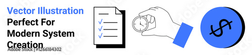 Checklist on paper, hand holding stopwatch, dollar sign circle symbolizing organization, productivity, time, efficiency, money, business. Ideal for project planning scheduling process improvement