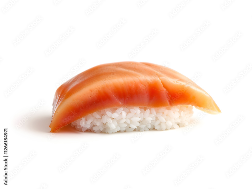 A single piece of fresh salmon sushi with white rice, isolated on a clean white background. Generative AI A single piece of fresh salmon sushi with white rice, isolated on a clean white background. Generative AI