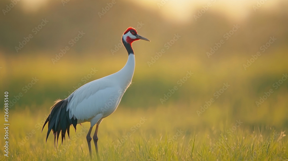 Fototapeta premium red crowned crane stands gracefully in meadow, showcasing its striking features and vibrant colors. serene environment enhances its beauty