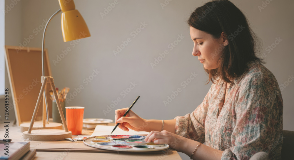 A woman is painting a picture on a canvas A woman is painting a picture on a canvas