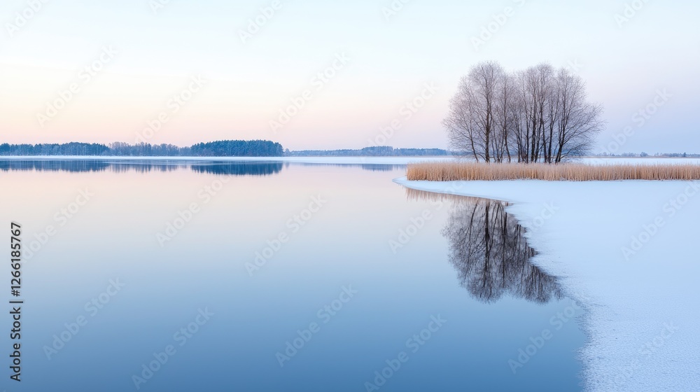 Fototapeta premium Peaceful winter lake sunrise reflection, tranquil landscape