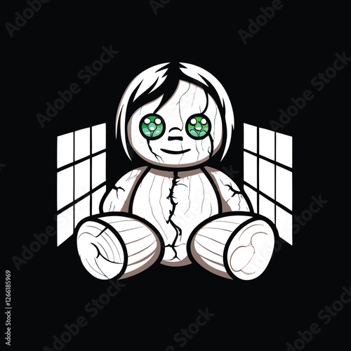 A terrifying porcelain doll monster, cracked and decaying, with intensely glowing green eyes.  Detailed texture and lighting crucial.
