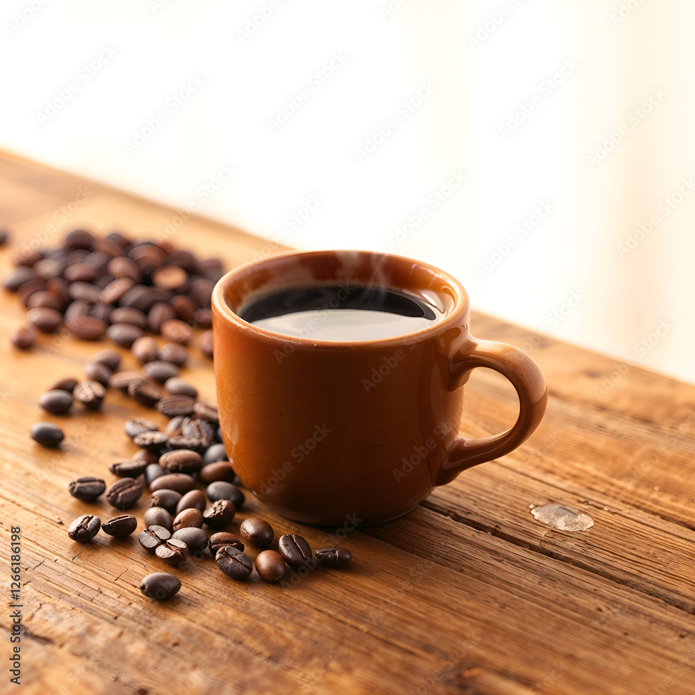 Fototapeta premium A steaming cup of hot coffee on a rustic wooden table with scattered coffee beans. Generative AI