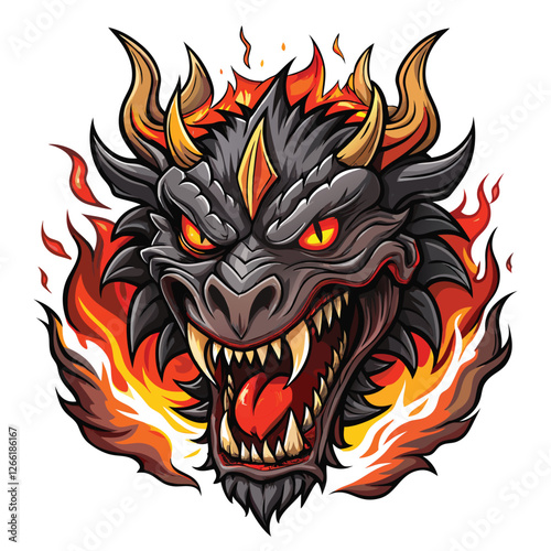 Create a detailed illustration of a fierce dragon head; fiery eyes, sharp teeth, and smoke emanating from nostrils.  Show intricate scales and powerful musculature.