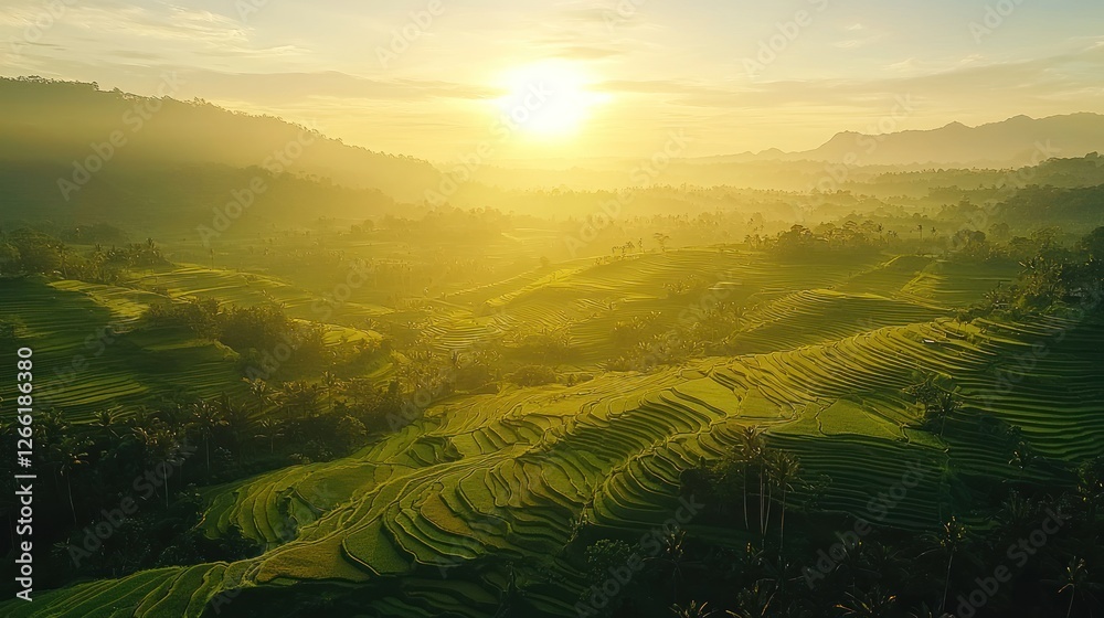 Fototapeta premium Sunrise Illuminates Lush Green Rice Terraces Mountains