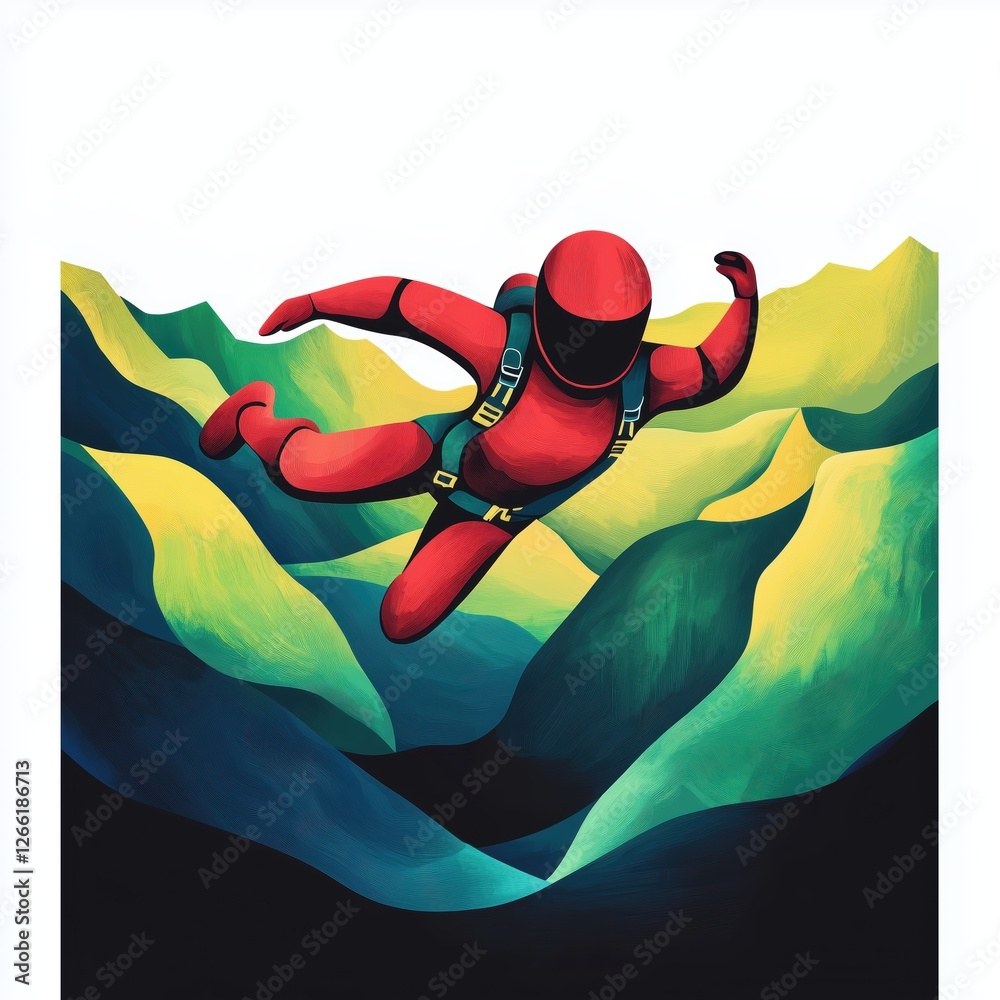parachutist in red jumpsuit flies over mountains. colorful illustration with futuristic style.
