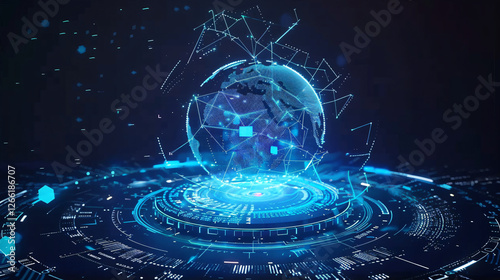 Wallpaper Mural The Magical fantasy portal technology concept of a blue earth globe floats above the glowing blue high-tech portal made of glowing blue circuits, polygonal, holographic concept Torontodigital.ca