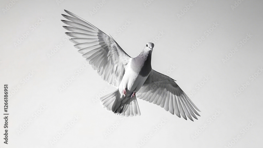 Obraz premium A pigeon flies forward. Its wings spread wide, captured in a moment of graceful flight.