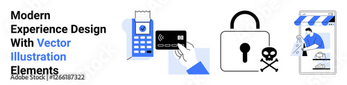 Payment terminal, credit card, padlock with skull, and storefront illustration representing payment security, fraud prevention, ecommerce, digital design, fintech cybersecurity. Ideal