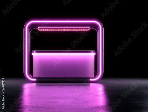 Modern neon-lit reception desk with a sleek design, glowing in vibrant purple. photo