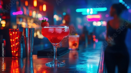 A vibrant cocktail on a bar counter with colorful lighting and a lively atmosphere.