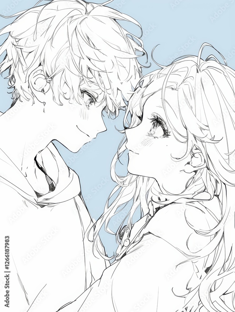 Fototapeta premium two anime characters in love, a blonde-haired male and female, expressing affection and connection.