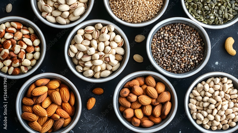 Assorted nuts and seeds in small ceramic bowls on rustic background. Assorted nuts and seeds in small ceramic bowls on rustic background.