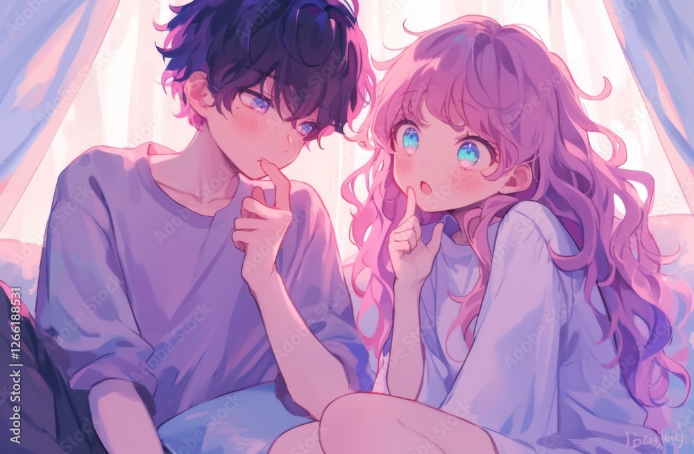 Cute manga-style couple in love, with purple hair and blue eyes, sitting on the bed at home Cute manga-style couple in love, with purple hair and blue eyes, sitting on the bed at home