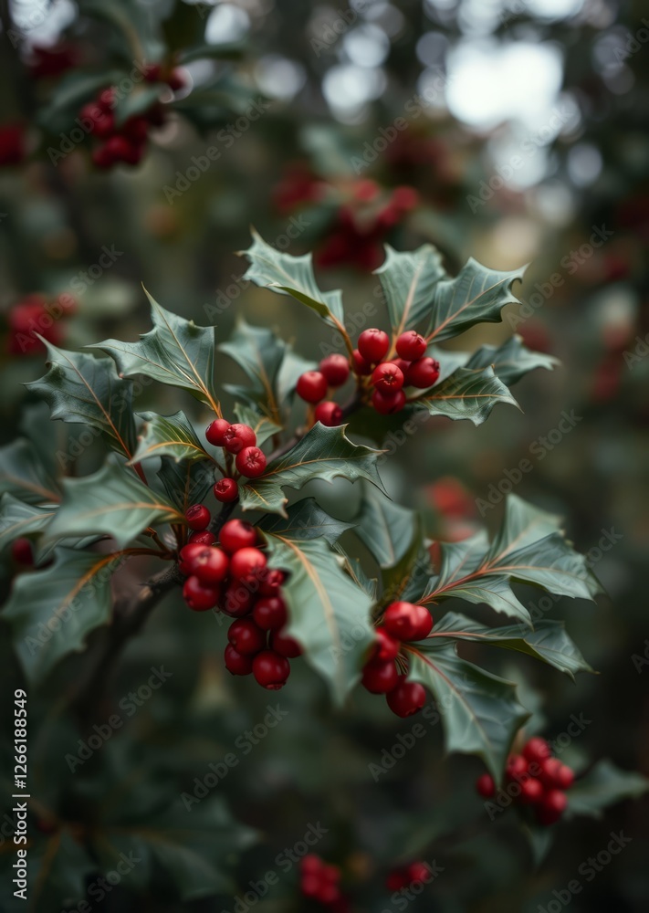 Wild holly in its natural environment in the forest with its red berries hidden among the leaves near the small town of luesia in the upper area of the cinco villas region spain bokeh red bokeh abstra