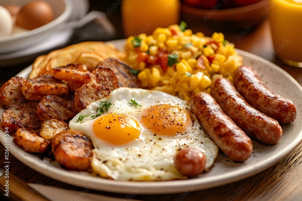 Big breakfast plate with eggs sausage potatoes and corn. Big breakfast plate with eggs sausage potatoes and corn.