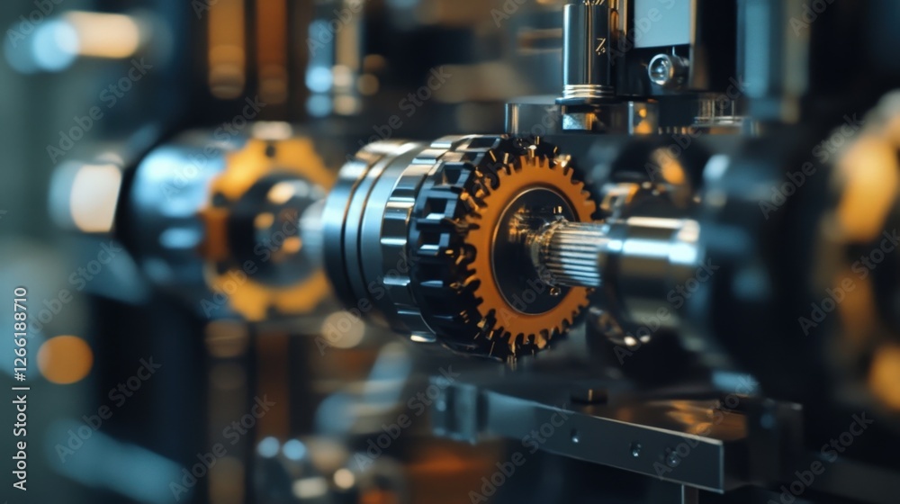 Fototapeta premium Industrial gears are rotating smoothly within complex machinery, showcasing precision engineering and automated processes in modern manufacturing