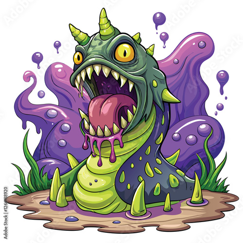 Render a highly detailed grotesque slug-like monster, vibrant purple slime dripping, showcasing its immense size and unsettling features.