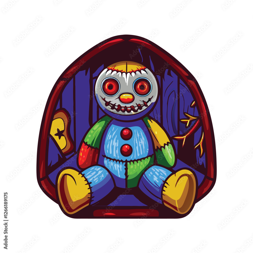 Render a grotesque, stitched-together doll monster with three glowing red eyes, emphasizing its tattered fabric and unsettling features. Focus on detailed texture and disturbing realism. Render a grotesque, stitched-together doll monster with three glowing red eyes, emphasizing its tattered fabric and unsettling features. Focus on detailed texture and disturbing realism.