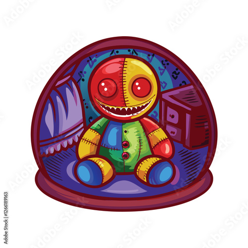 Render a grotesque stitched doll monster, its seams ragged, with glowing red eyes and a menacing grin,  detailed texture and unsettling expression.