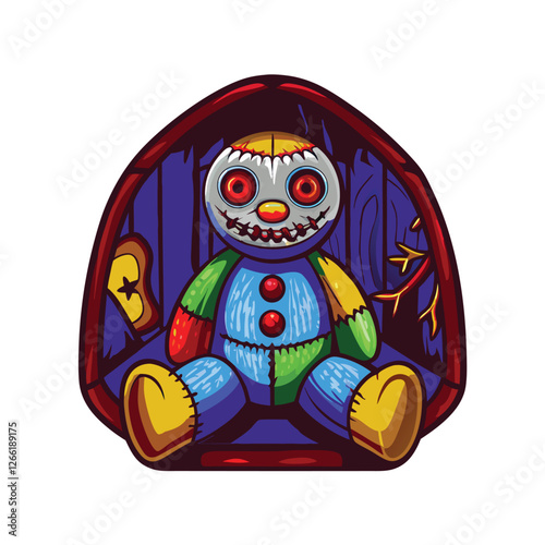 Render a grotesque, stitched-together doll monster with three glowing red eyes, emphasizing its tattered fabric and unsettling features.  Focus on detailed texture and disturbing realism.