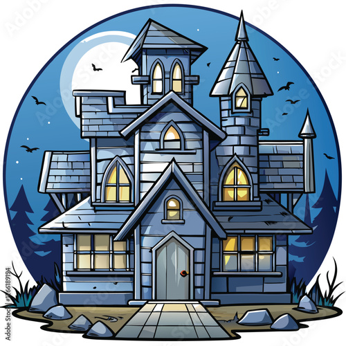 A dilapidated haunted house, dark wood, broken windows, ominous shadows, spooky atmosphere, nighttime setting.