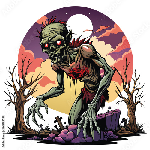 Render a gruesome zombie, exposed ribs and decaying flesh visible, showcasing advanced decomposition.  Focus on horror and detail.
