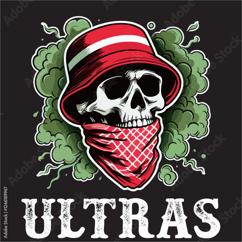 illustration vector graphic of Football fans ultras hooligan Skull wear red white football scarf design for logo, t-shirt, etc