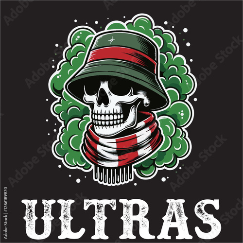 illustration vector graphic of Football fans ultras hooligan Skull wear red white football scarf design for logo, t-shirt, etc