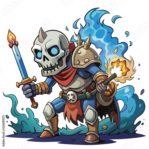 Render a terrifying skeletal horseman, riding a skeletal steed, wielding a flaming skull, amidst a dark, stormy landscape.  Focus on detail and horror.