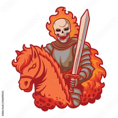 Render a terrifying skeletal horseman, riding a skeletal steed, wielding a flaming skull as a weapon, set against a dark, stormy night sky.