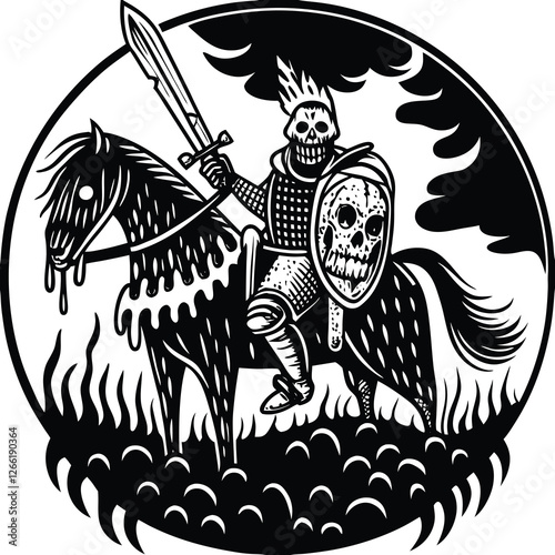 Render a terrifying skeletal horseman, riding a skeletal steed, engulfed in hellish flames, wielding a flaming skull.  Focus on terrifying detail.
