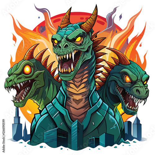 Render a terrifying three-headed reptilian monster, showcasing detailed scales, sharp claws, and menacing expressions.  Include a dark, ominous background.