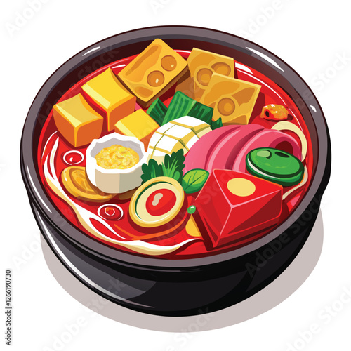A vibrant, steaming bowl of Budae Jjigae, showcasing its diverse ingredients sausages, ramen, kimchi, cheese, and tofu.  High-resolution, close-up shot.