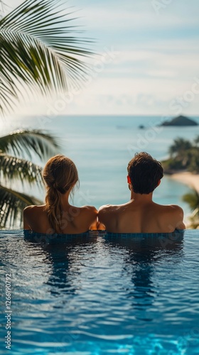 Couple relaxing in infinity pool overlooking ocean (1)