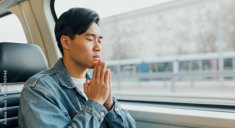 Fototapeta premium A man is praying in a train car