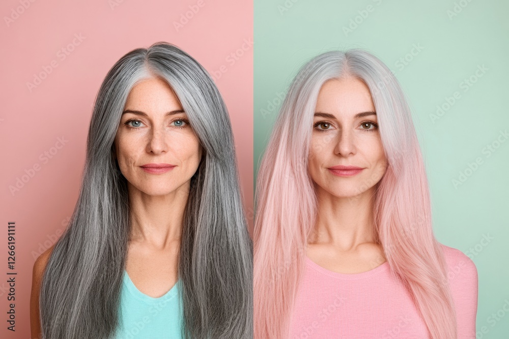 Comparison of gray hair transitioning to vibrant pink dyed hair with clear background and text space available. Generative AI Comparison of gray hair transitioning to vibrant pink dyed hair with clear background and text space available. Generative AI
