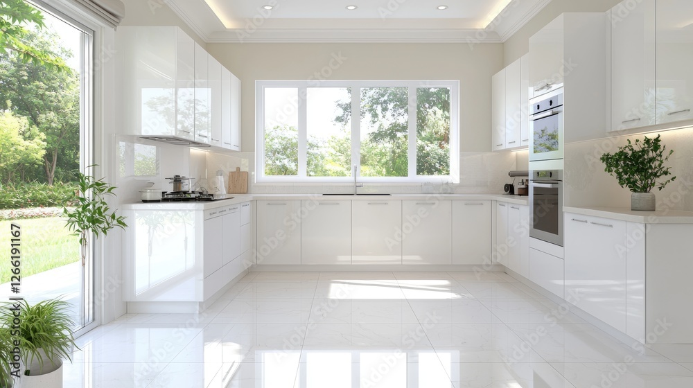Fototapeta premium Modern White Kitchen with Backyard View. Possible Stock Photo Use