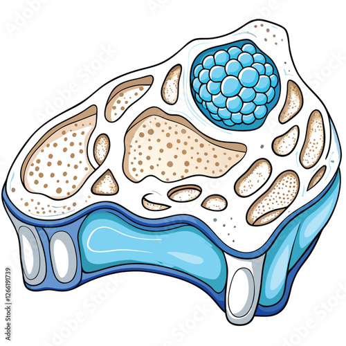 Microscopic view of light gray human hyaline cartilage tissue showcasing numerous chondrocytes within the extracellular matrix.