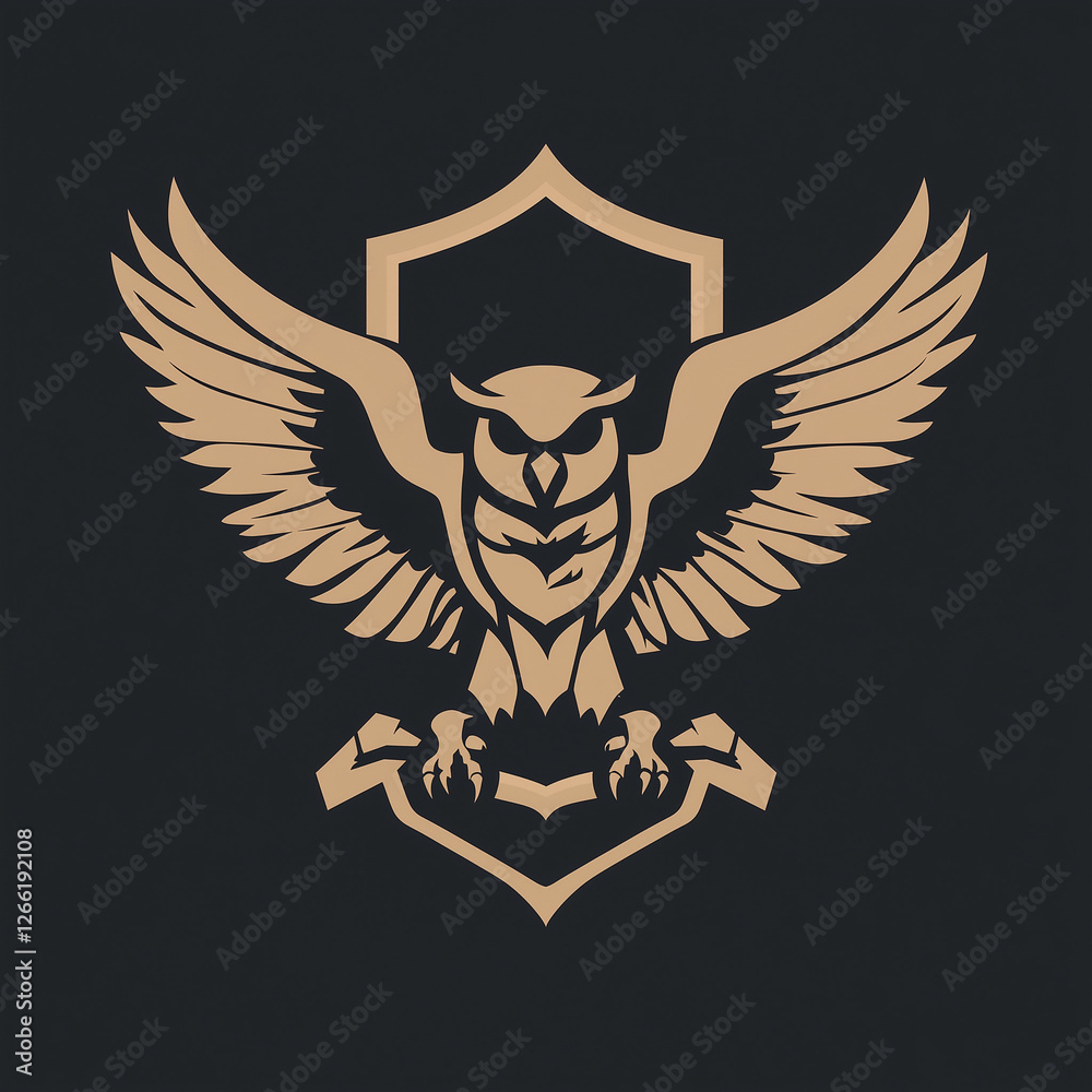 Fototapeta premium Owl emblem with wings on black background