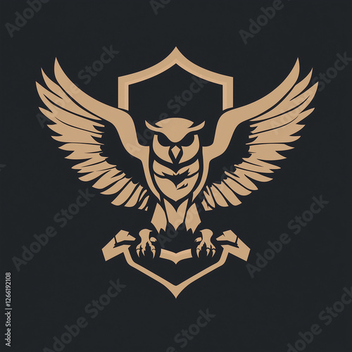 Owl emblem with wings on black background photo