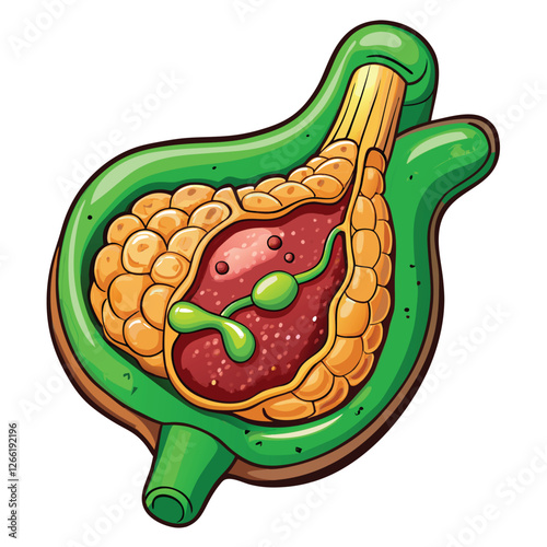 Highly detailed anatomical illustration of a human gallbladder, deep emerald green, exhibiting a smooth, glistening surface.  Render with medical accuracy.