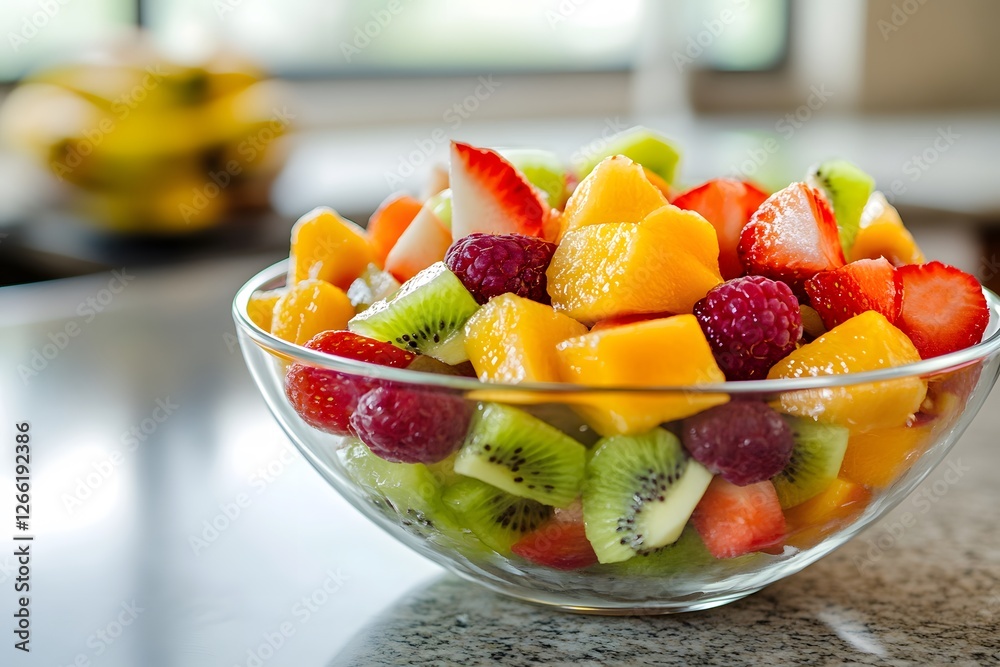 A close-up of a colorful fruit salad in a glass bowl with fresh strawberries, kiwi, and mango. A close-up of a colorful fruit salad in a glass bowl with fresh strawberries, kiwi, and mango.