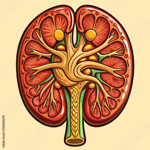 Highly detailed macro photograph of a human kidney, rich reddish-brown hue, showcasing the renal pelvis and its calyces.