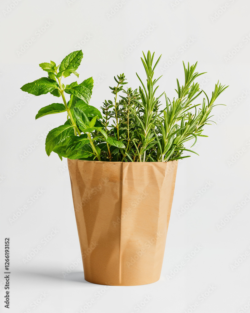 Naklejka premium Fresh herbs growing in a stylish paper pot on a light background showcasing vibrant green colors