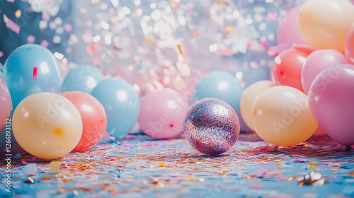 Vibrant celebration with colorful balloons and confetti indoor festivity decorative setup cheerful atmosphere