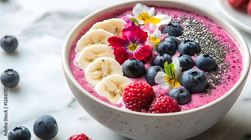 Smoothie bowl topped with fresh berries, banana slices, and chia seeds on marble background. Smoothie bowl topped with fresh berries, banana slices, and chia seeds on marble background.