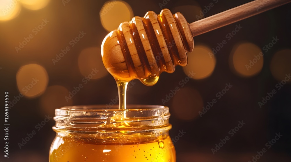 A close-up of golden honey dripping from a wooden dipper into a glass jar. A close-up of golden honey dripping from a wooden dipper into a glass jar.